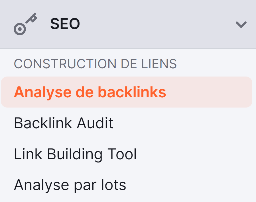 Analyse de backlinks dans la section "Construction de liens"