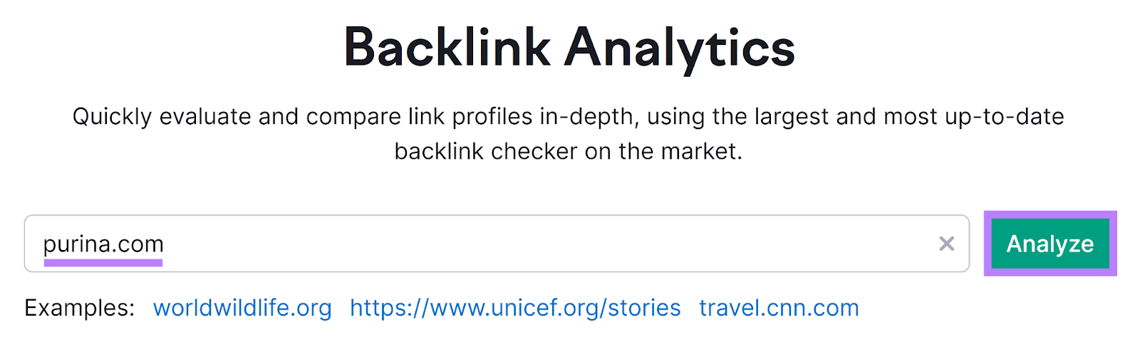 Semrush Backlink Analytics tool start with domain entered and Analyze button highlighted