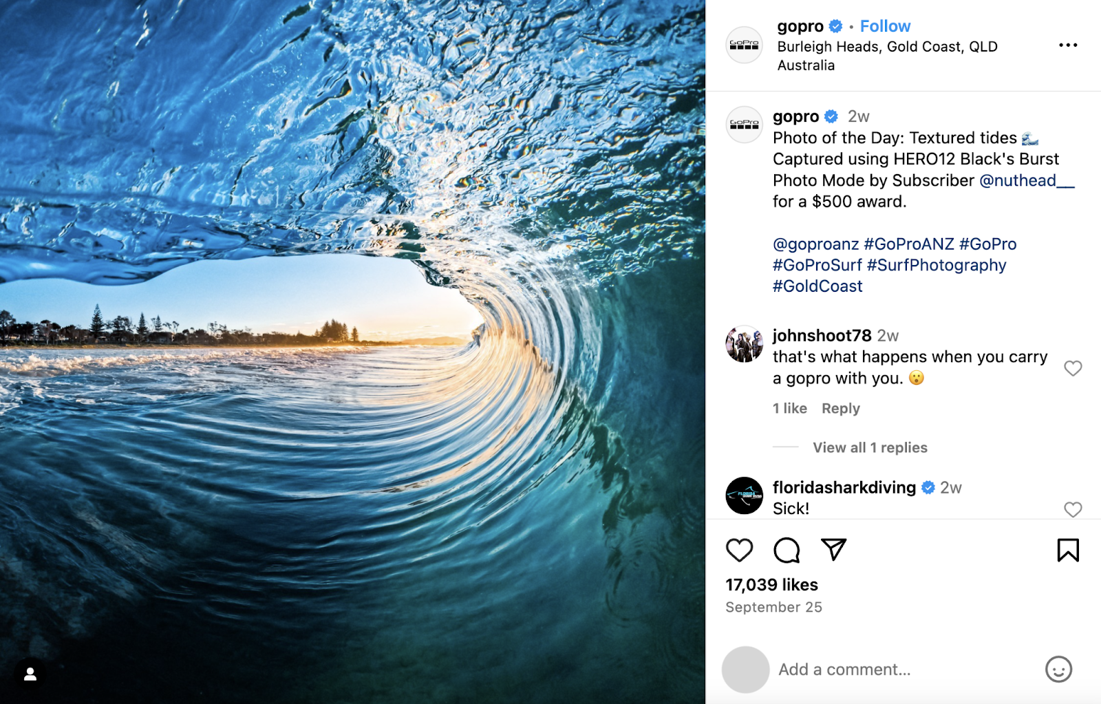 Instagram post of a photo inside a wave at sunset. The brand tags the creator for the giveaway.