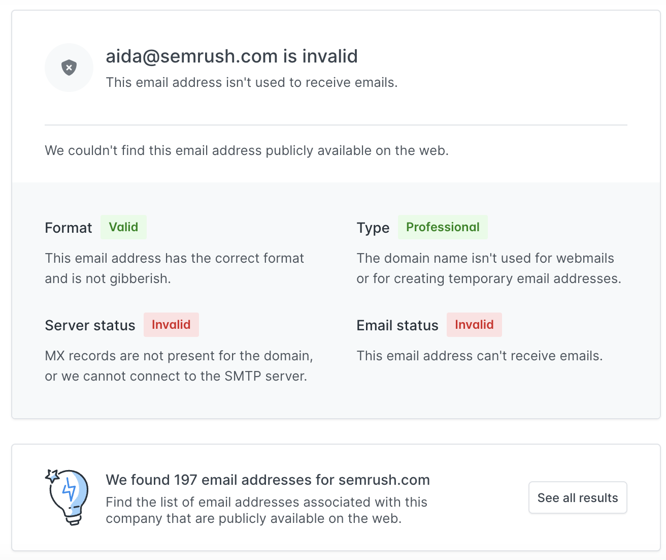Hunter's results for an invalid email address "aida@semrush.com"