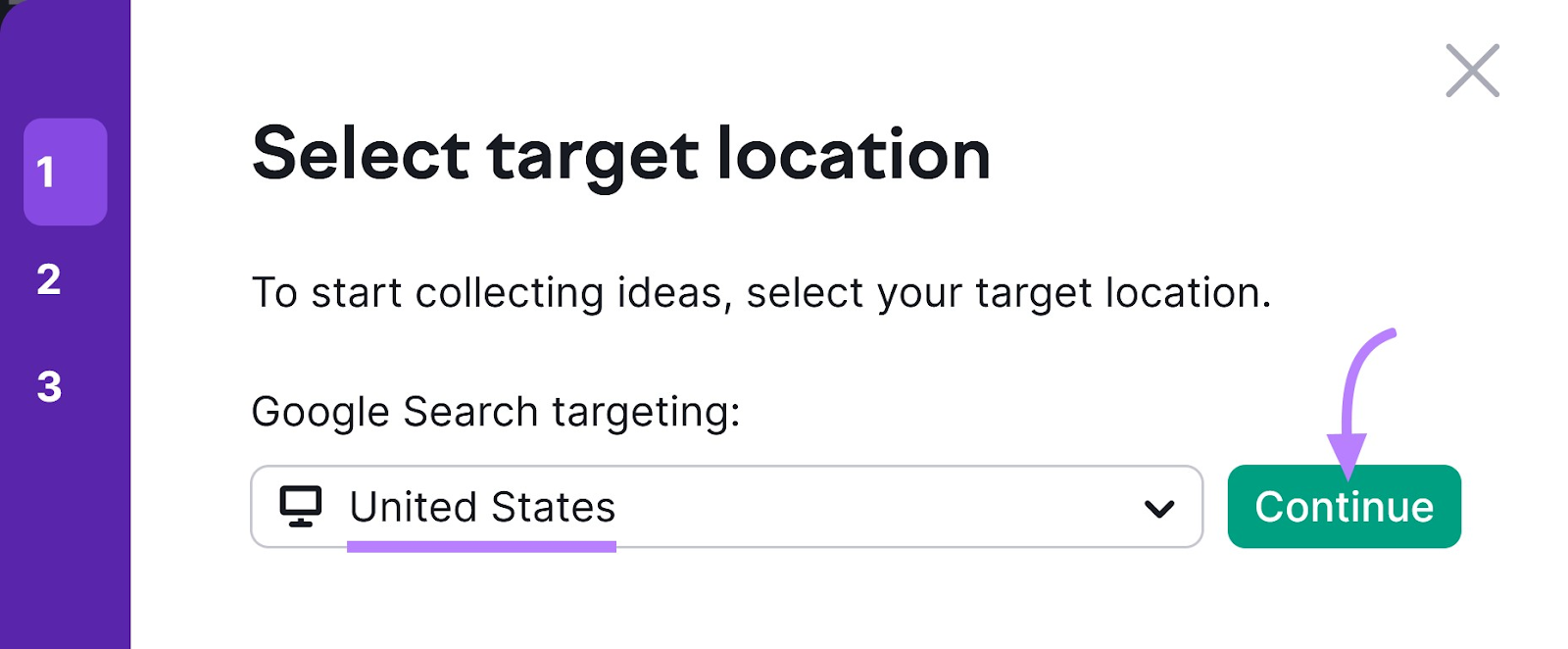 Select target location page with "United States" in the search bar