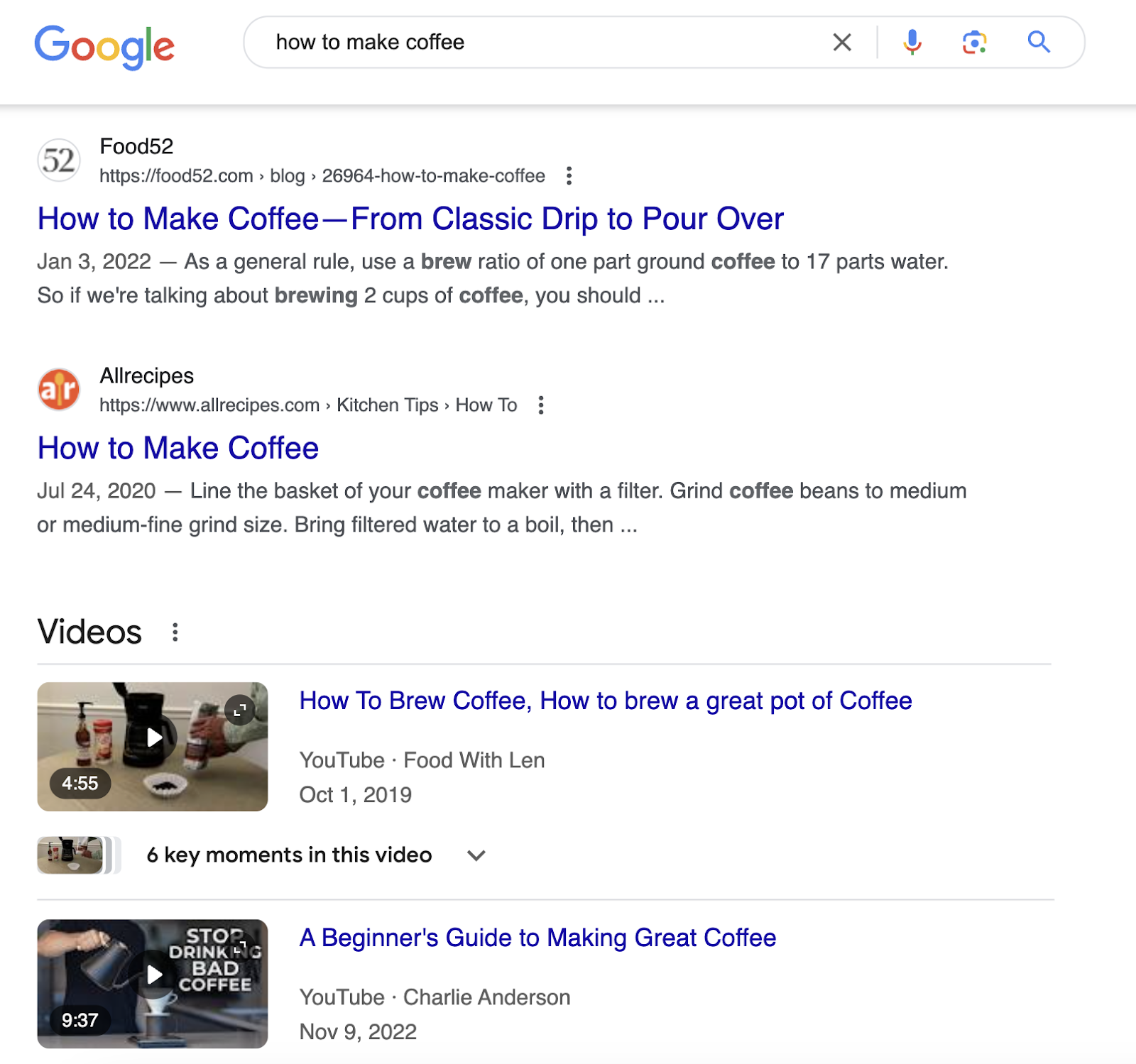 SERP shows step-by-step guides and videos on how to make coffee