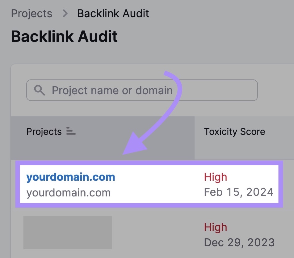 Select domain in Backlink Audit