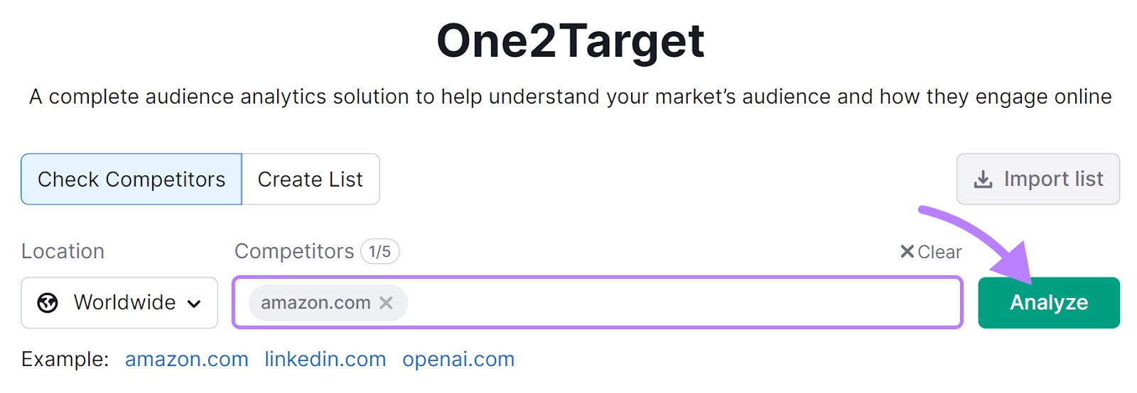 "amazon.com" entered into One2Target search bar