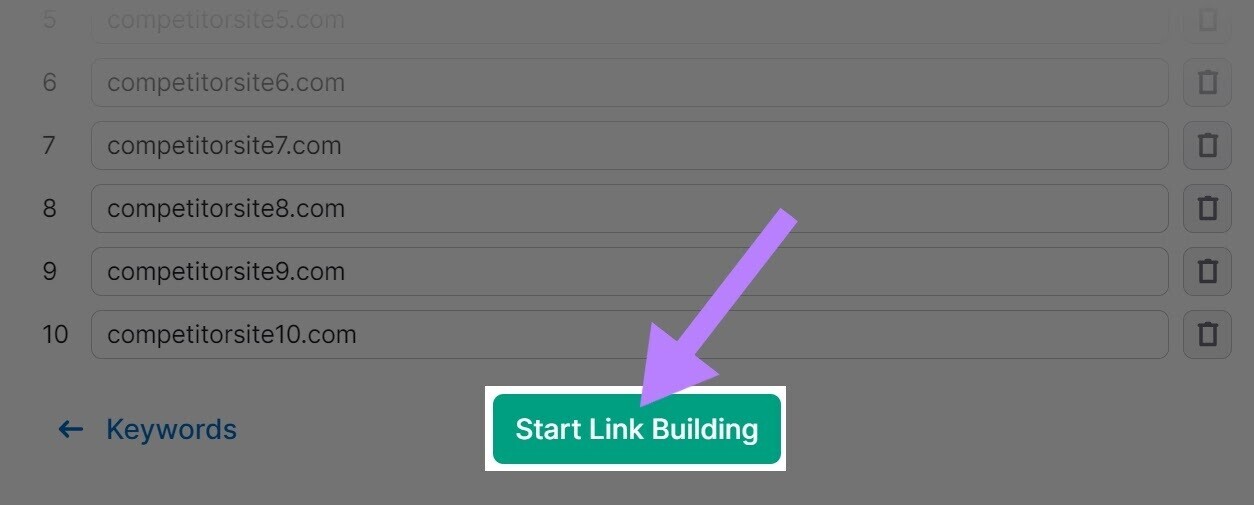 “Start Link Building” button highlighted