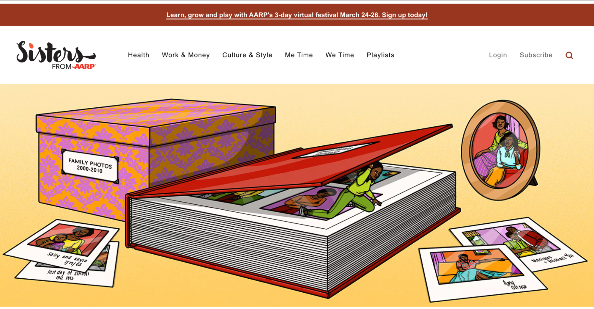 A screenshot of the Sisters of AARP website shows illustrations of family photos.