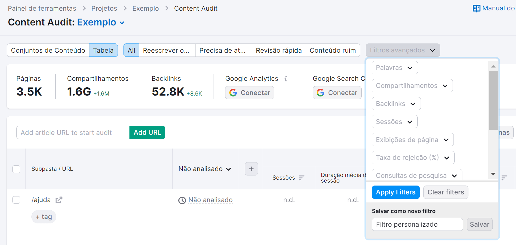 criando filtros na ferramenta content audit