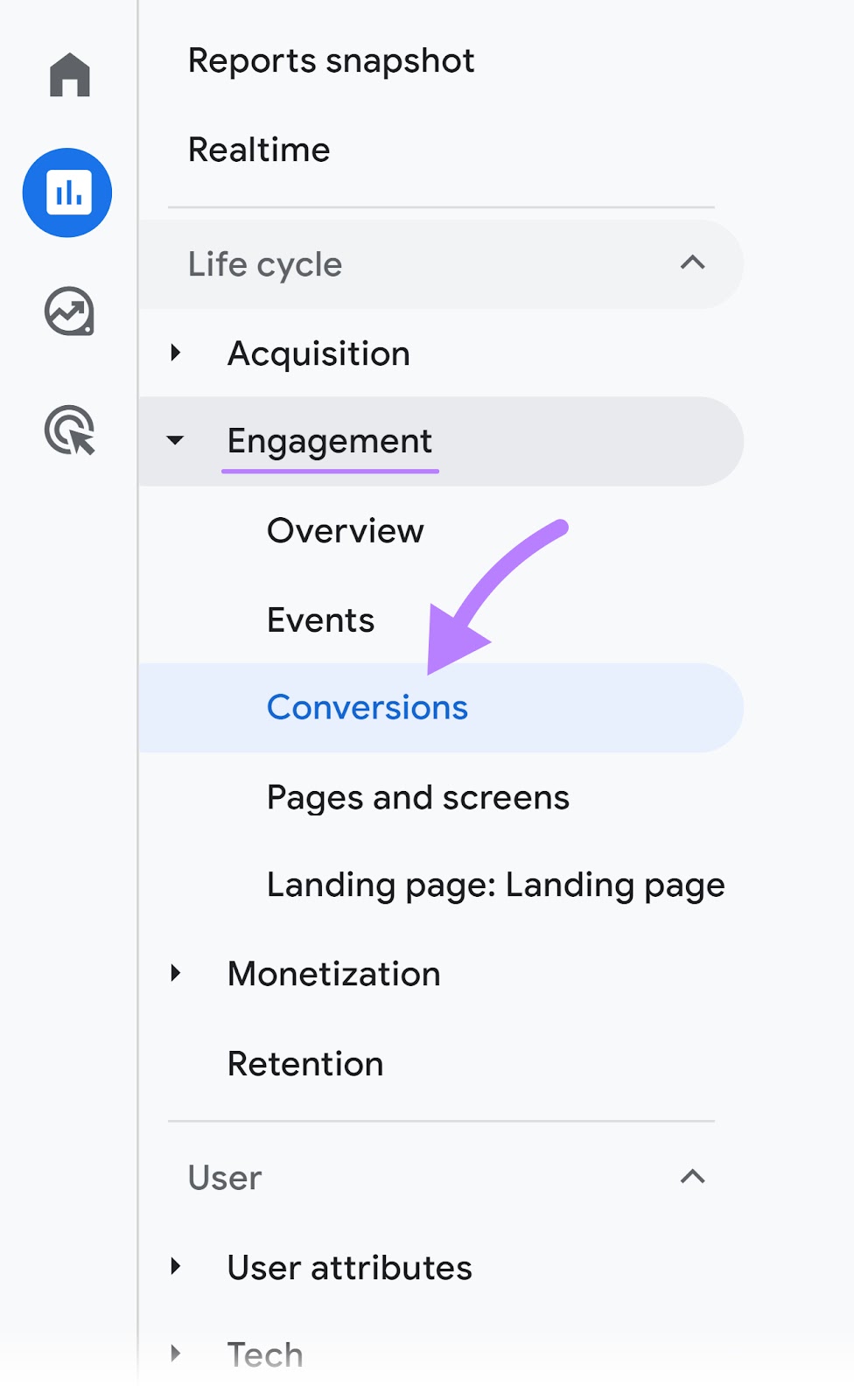 Navigating to “Reports” > "Engagement" > "Conversions" successful  the Google Analytics menu