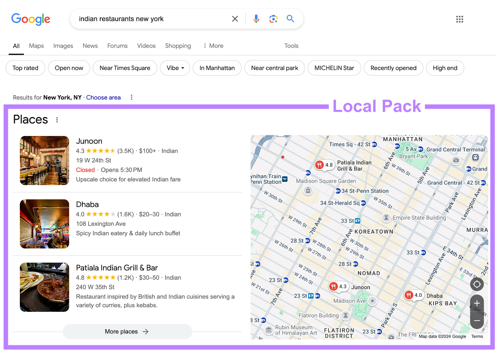 local pack is the list of places and the google maps on the search engine results page