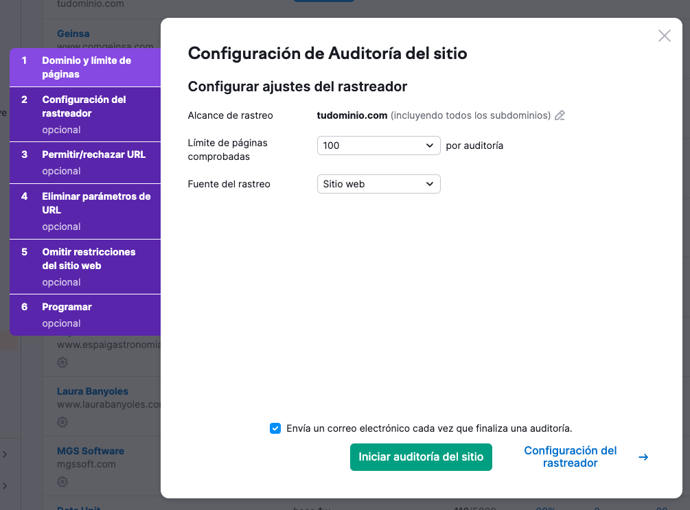 Página de configuración de Auditoría del sitio