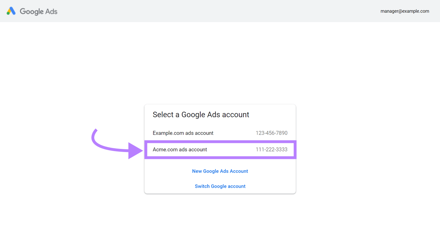 Select a Google Ads account page