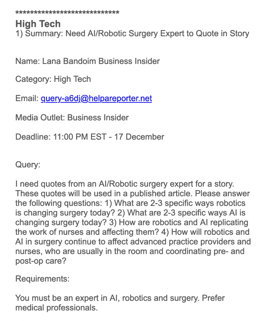 an example of HARO’s query looking for quotes from an AI/Robotic surgery expert for a story