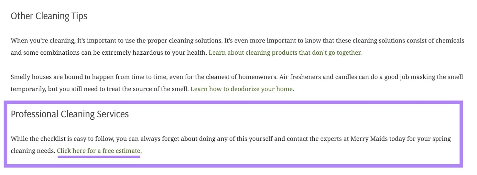 The last paragraph of a blog article by Merry Maids about the brand's cleaning services along with a CTA for a free quote highlighted.