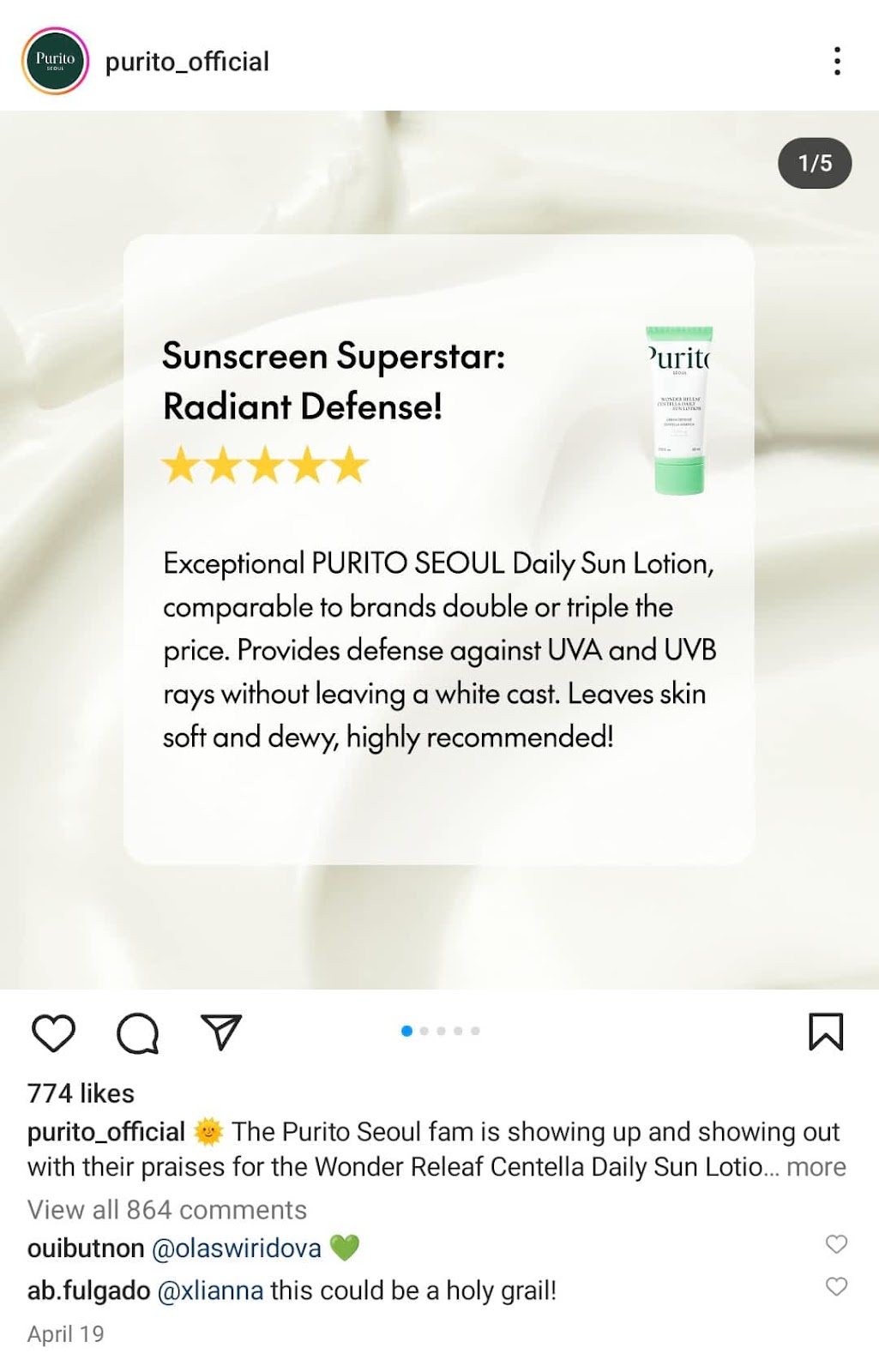Instagram post by Purito Seoul highlighting customer review of their sun lotion.