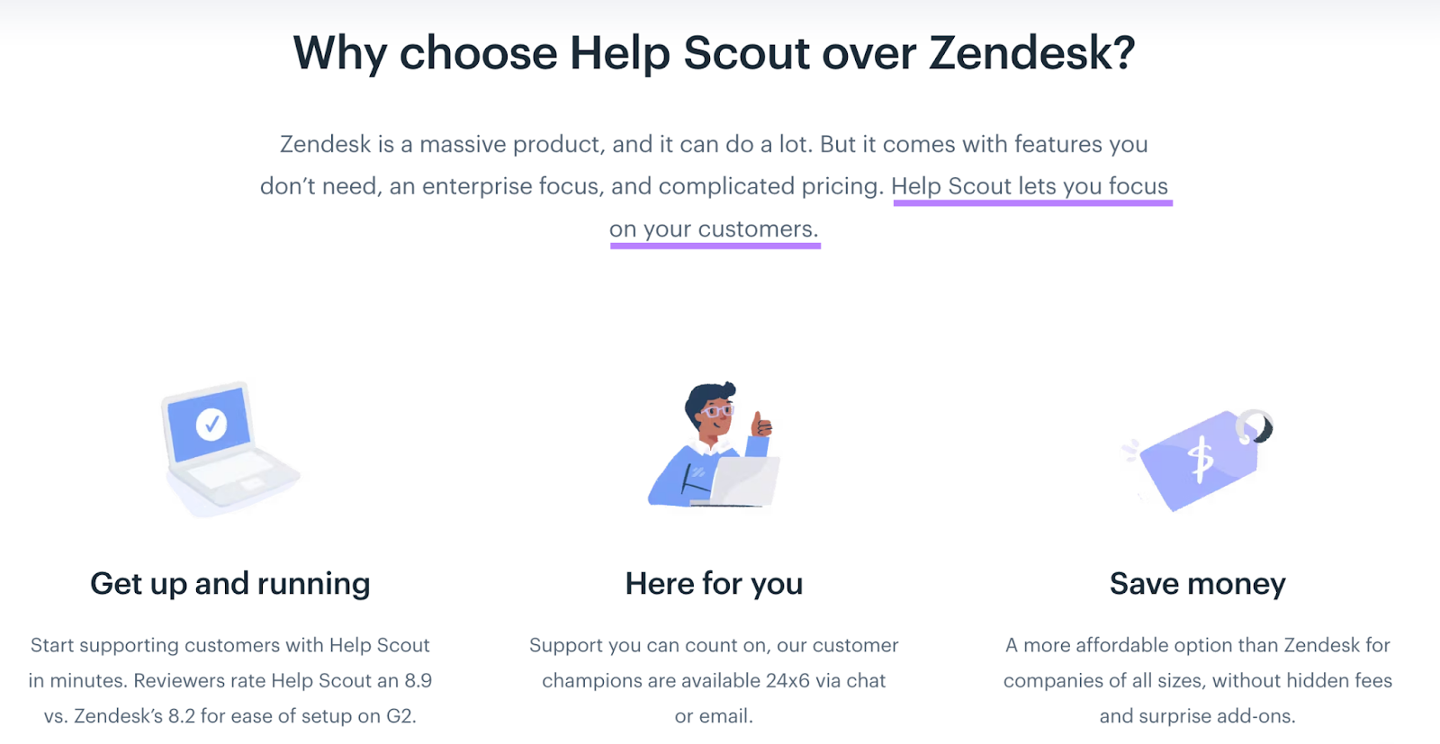 "Why c،ose Help Scout over Zendesk?" section on Help Scout's website