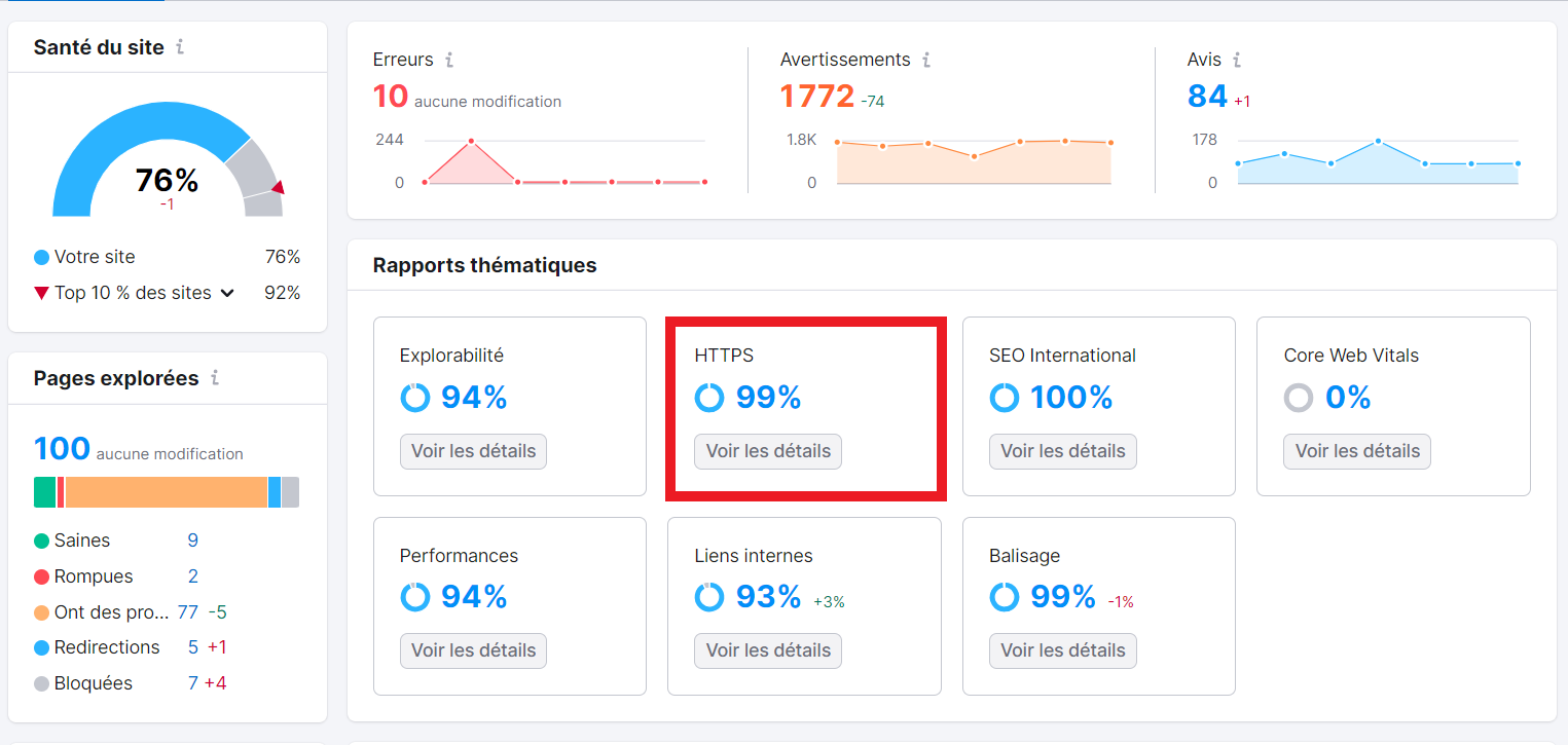 Section HTTPS dans Audit de site