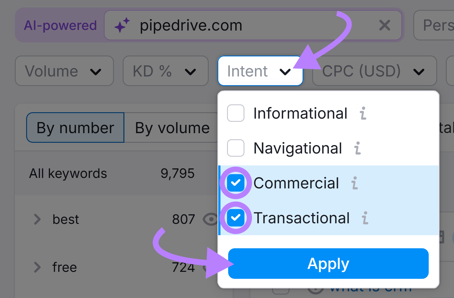 Dropdown Intent filter selected in keyword tool with “Commercial” and “Transactional” options selected and “Apply” button highlighted