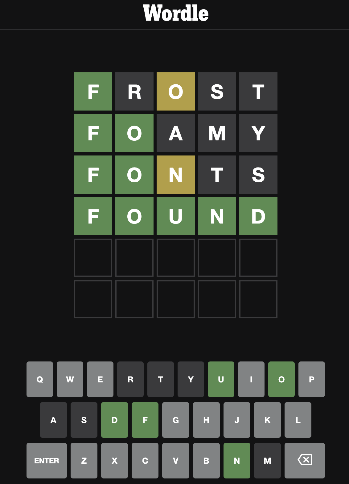 A screenshot of a Wordle game depicts a series of guess words and then the answer to the game. The first word attempted was “Frost,” the second word attempted was “Foamy,” the third word the user tried was “Fonts,” and finally, the answer to the game was “Found.” 