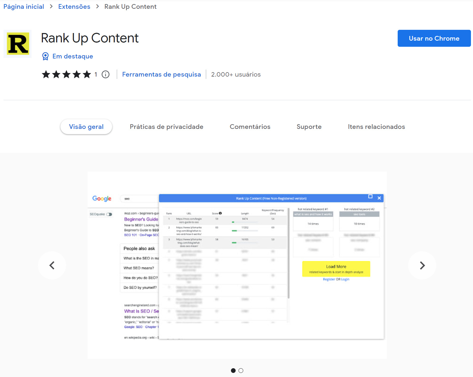 10 opções para você usar no navegador 18 Rank Up Content SEO Chrome Extention