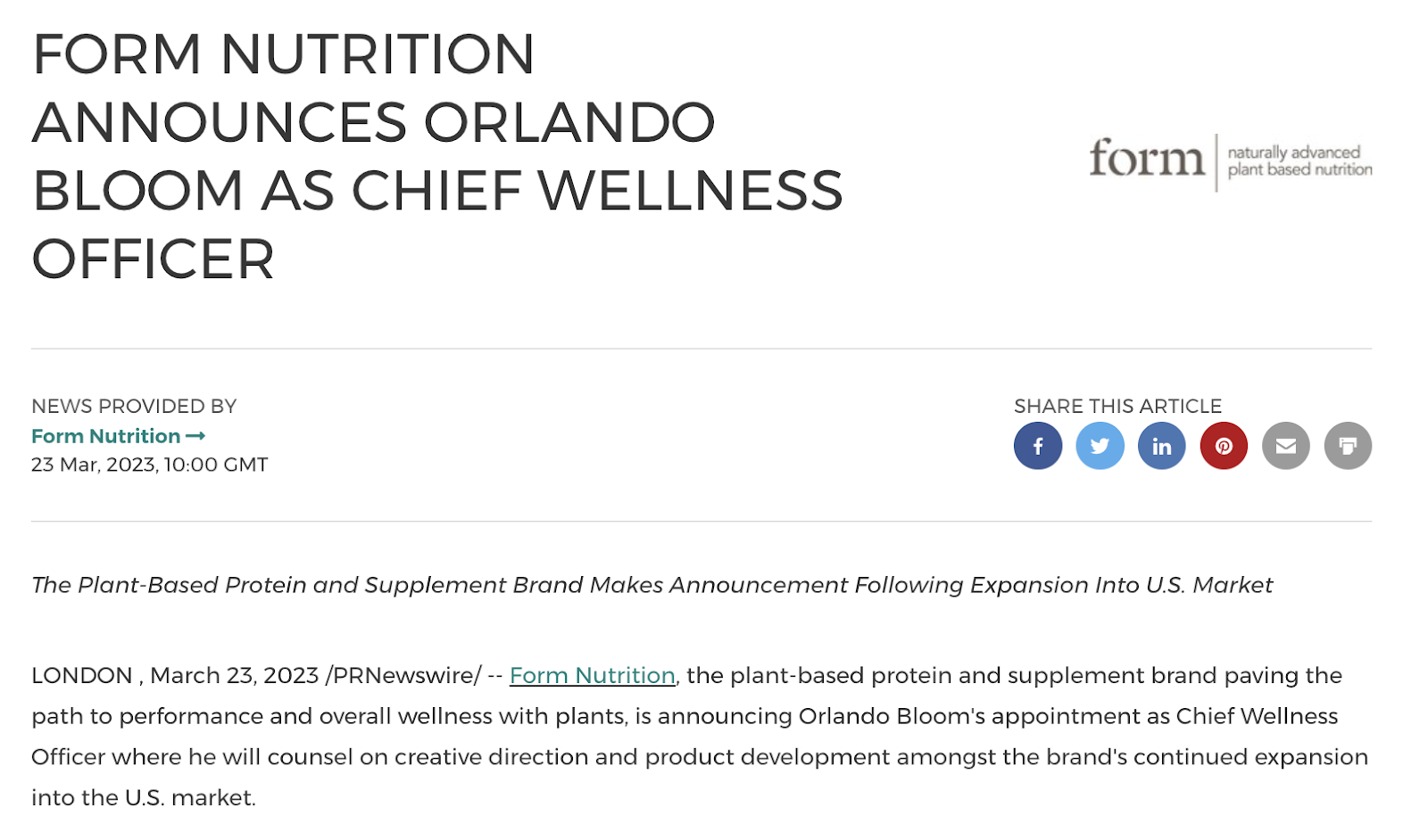 "Form Nutrition announces Orlando Bloom as Chief Wellness Officer" press release
