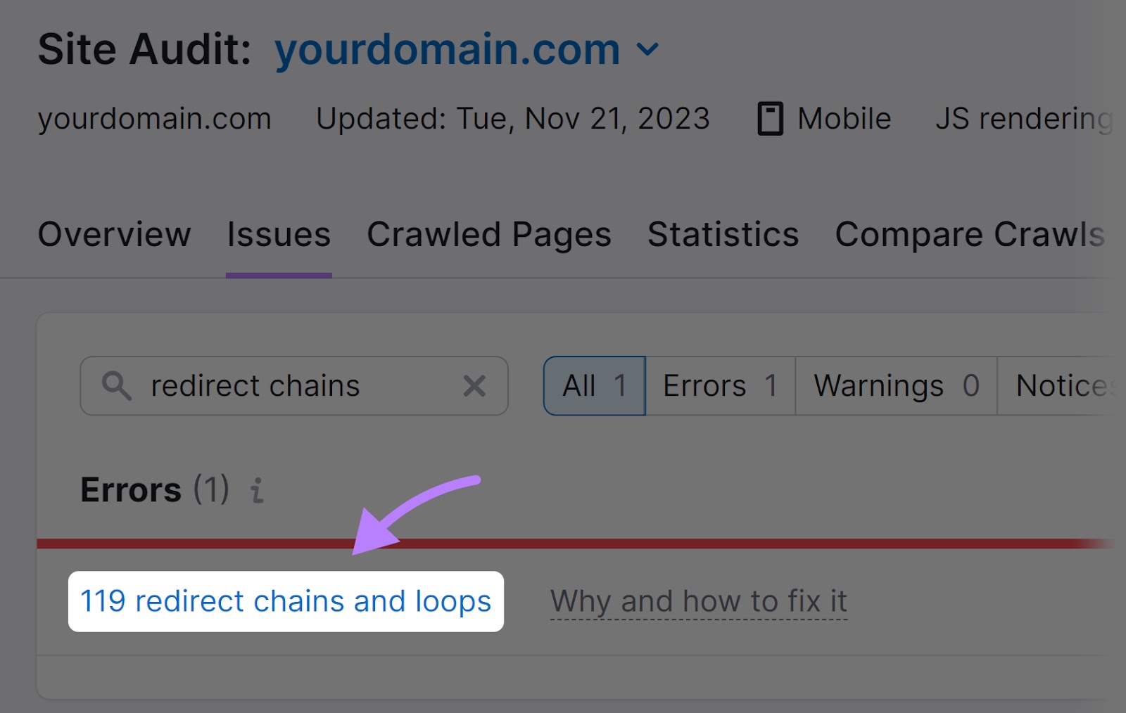 “119 redirect chains and loops” result highlighted under "Issues" tab