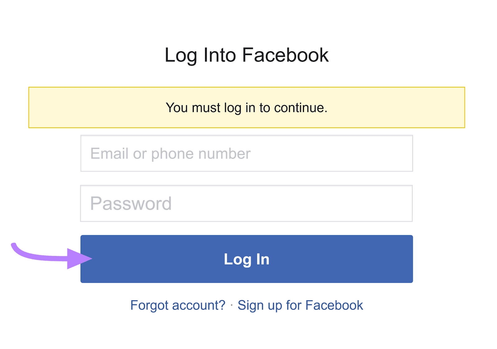 "Log Into Facebook" pop-up window