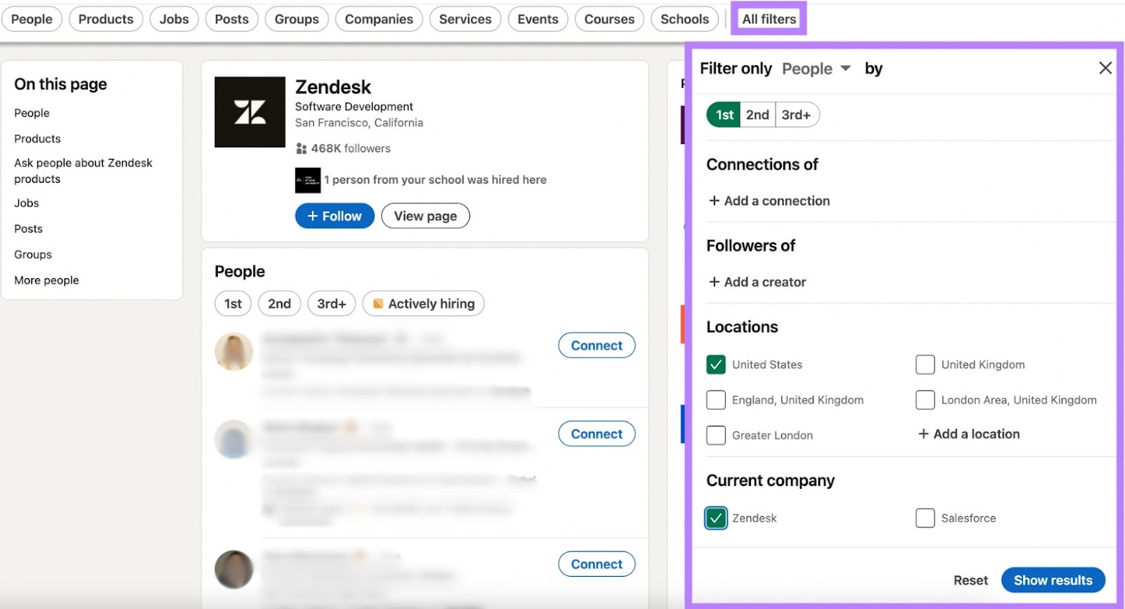 LinkedIn search of Zendesk employees with 'All Filters' highlighted