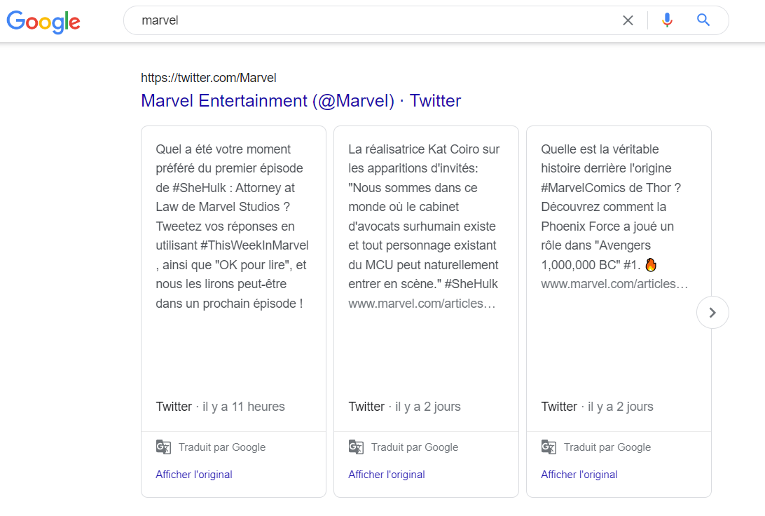 Fonctionnalité SERP Twitter, exemple