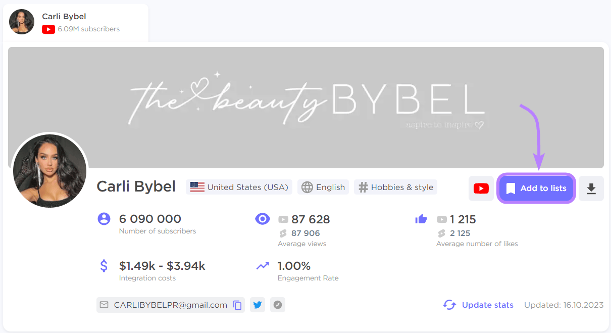 "Add to lists" button highlighted on Carli Bybel's influencer profile