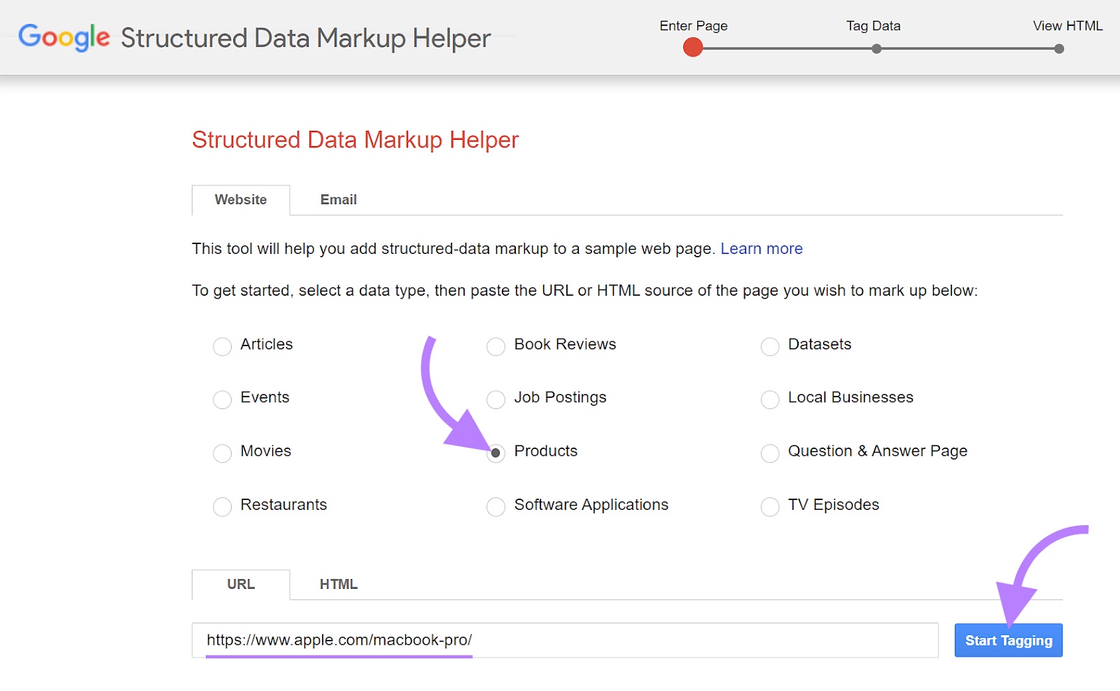 Google Structured Data Markup Helper with the “Products” option selected and the Apple Macbook Pro URL in the search bar.