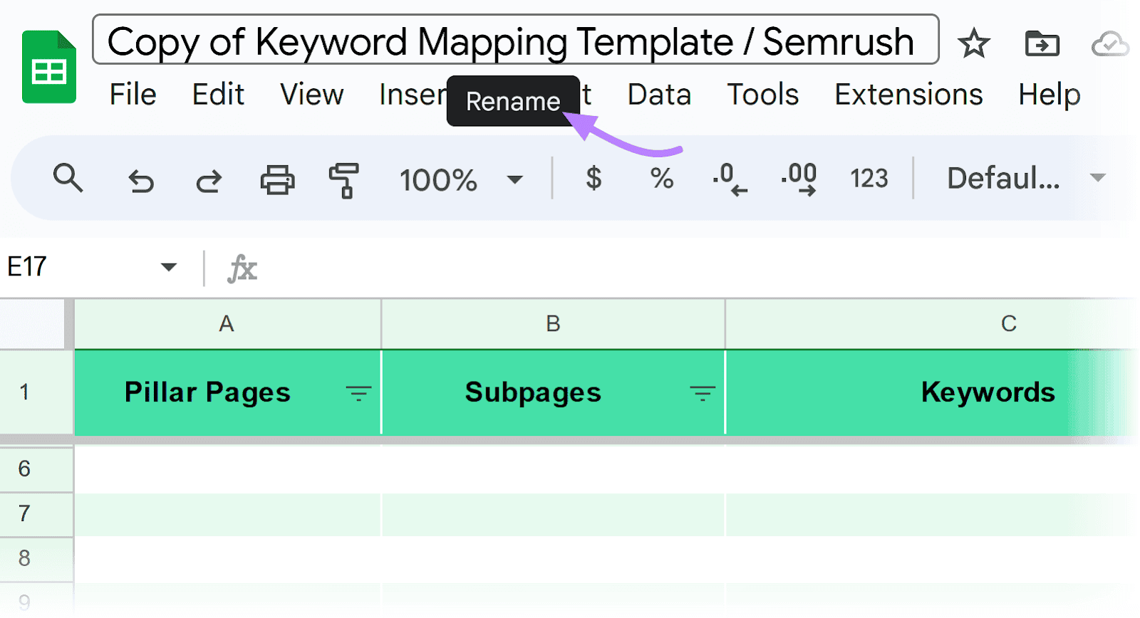 Zoomed-in Semrush template showing a black "Rename" label and an arrow, indicating where to rename your keyword map.