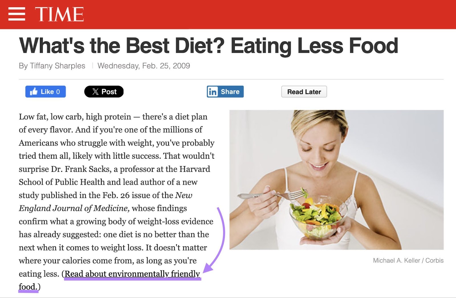 “Read about environmentally friendly food" link highlighted in the TIME Magazine article from above
