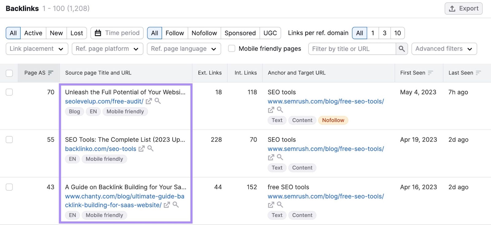 A list of backlinks linking to the Semrush's blog