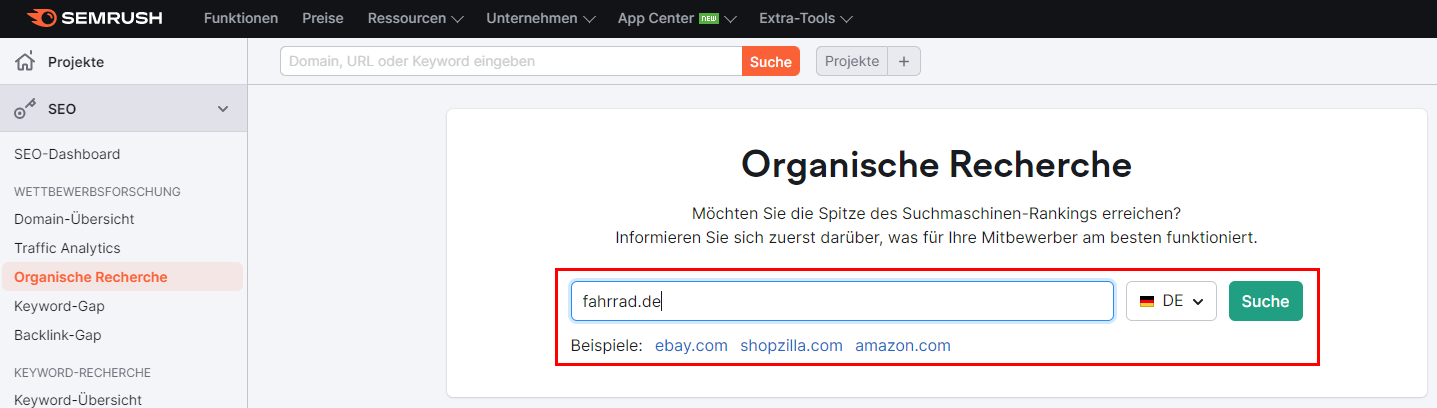 Screenshot: Suche mit Organische Recherche