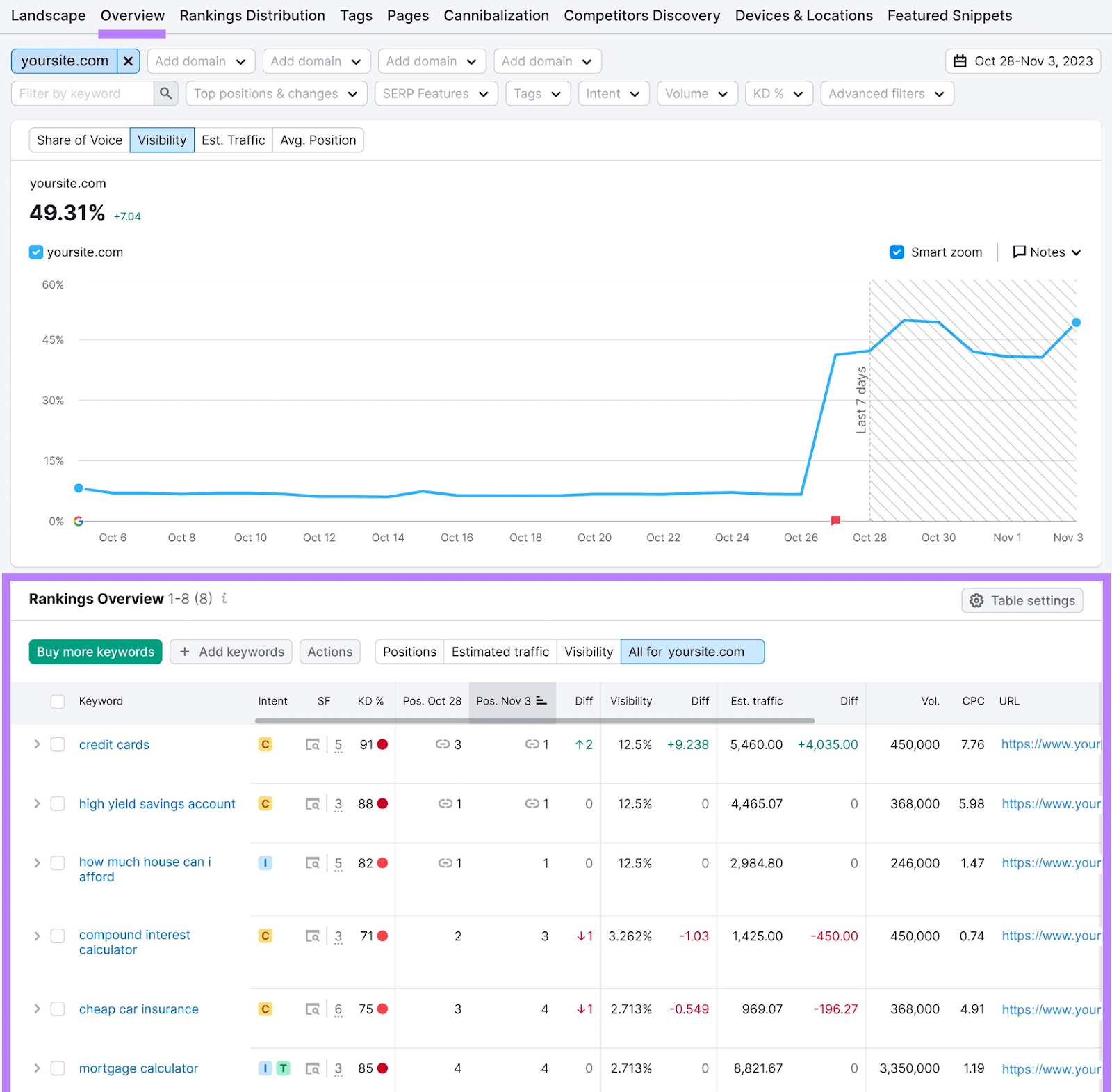 "Rankings Overview" report in Position Tracking tool