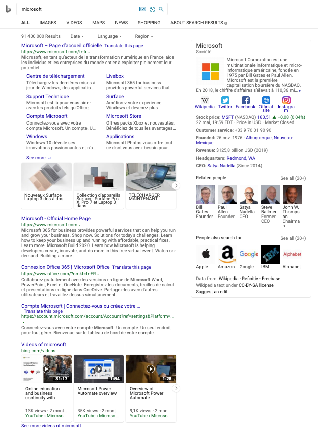 SERP de marque BING MICROSOFT