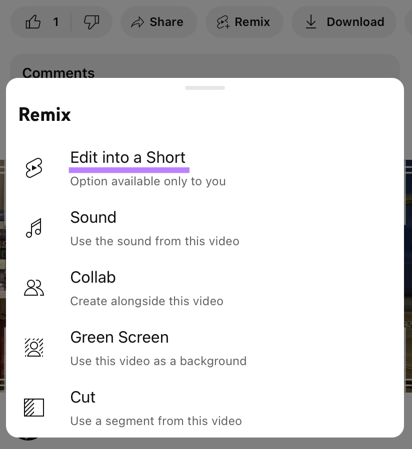 “Edit into a Short" option highlighted under "Remix" pop-up menu