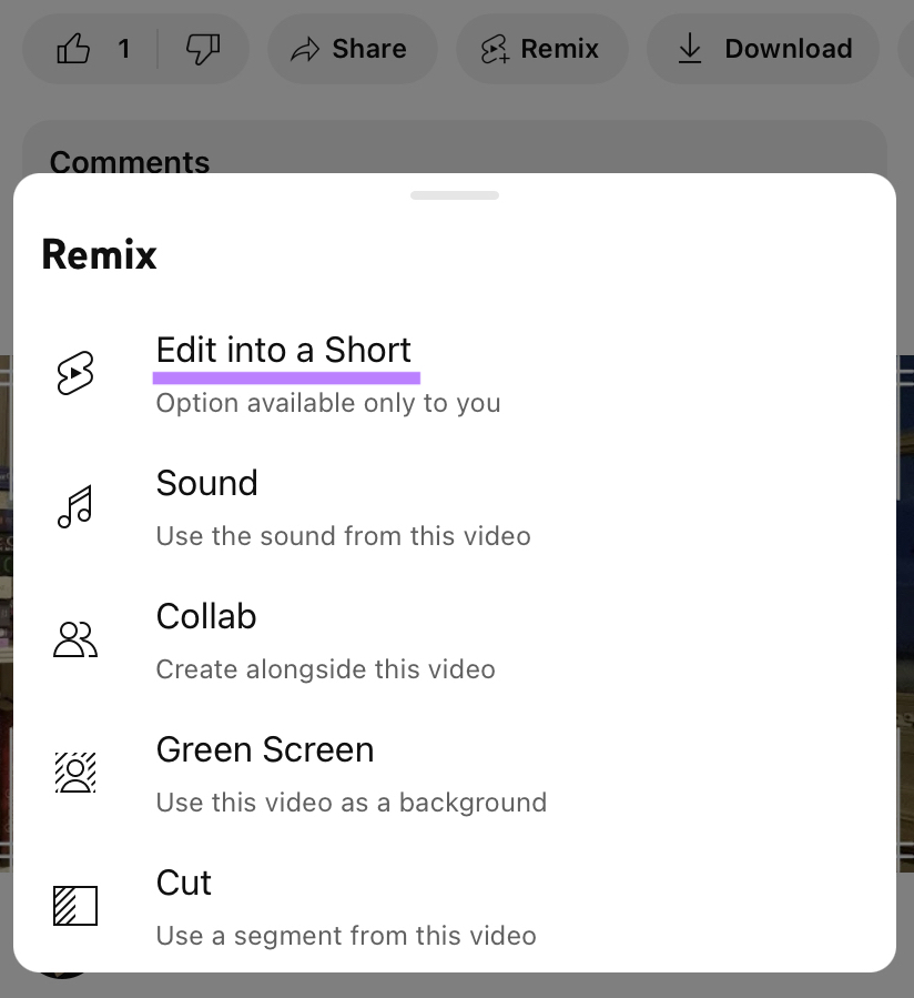 “Edit into a Short" enactment    highlighted nether  "Remix" pop-up menu