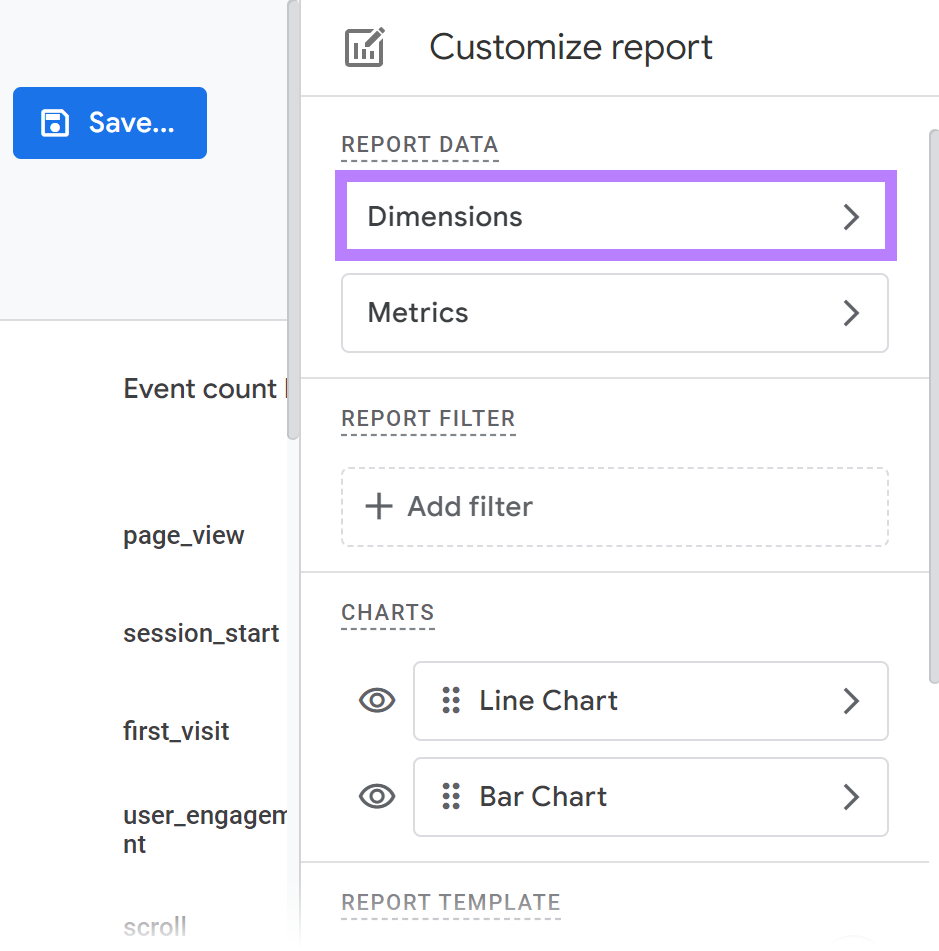 Dimensions box highlighted in the Customize report window.