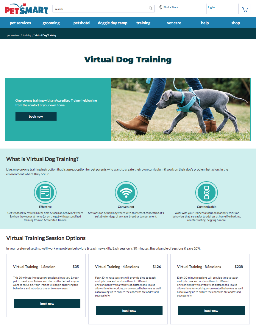 "Virtual  Training" page on PetSmart's website