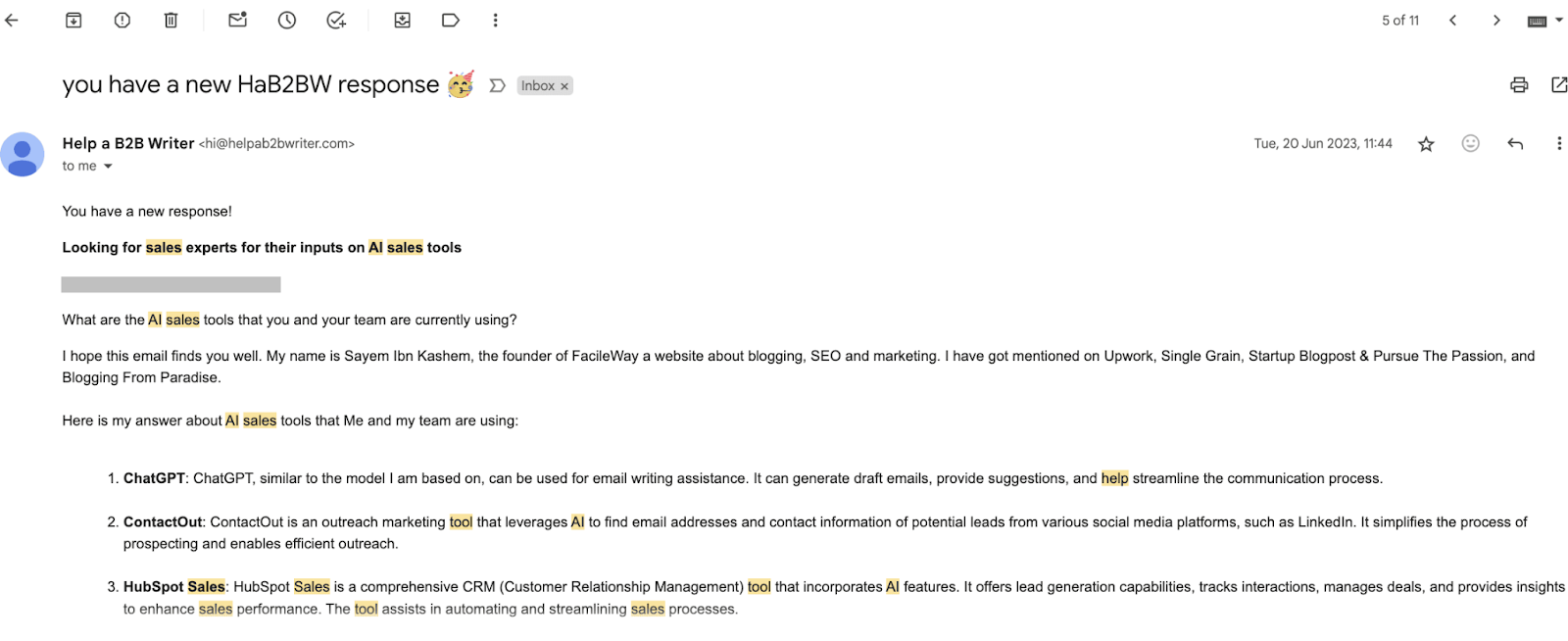 Email from a writer via "Help a B2B Writer," offering inputs on AI sales tools with details about ChatGPT, ContactOut, etc.