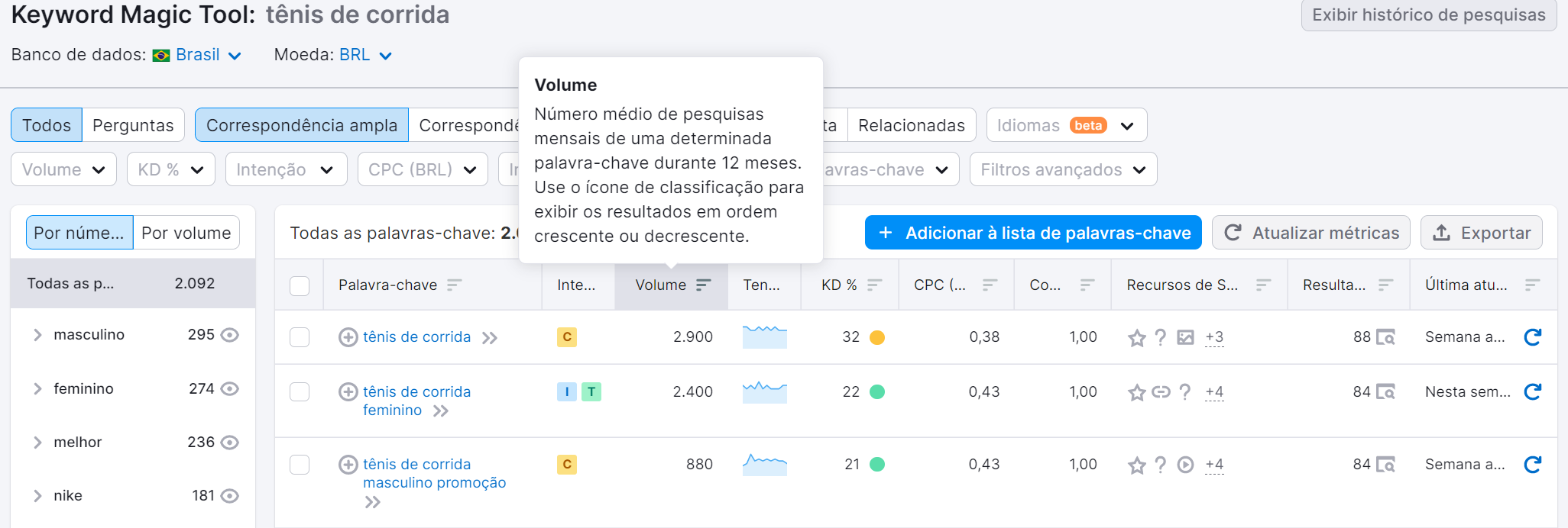 O que é Search Engine Marketing (SEM) e como funciona? 10 search engine marketing - coluna volume na ferramenta keyword magic tool