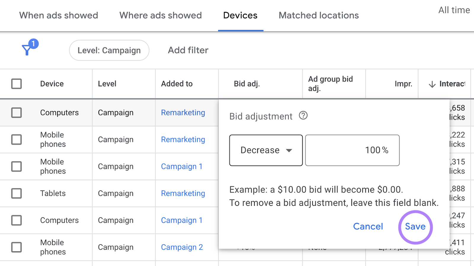 in the “Bid adj.” column in Google Ads you can set your ads to target specific devices