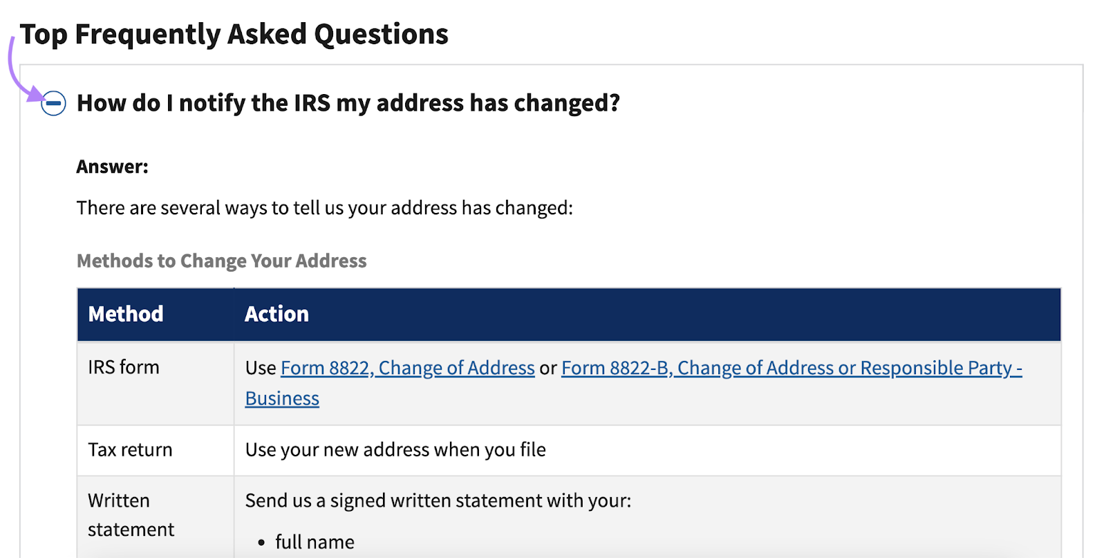 IRS frequently asked question with hidden dropdown answer.