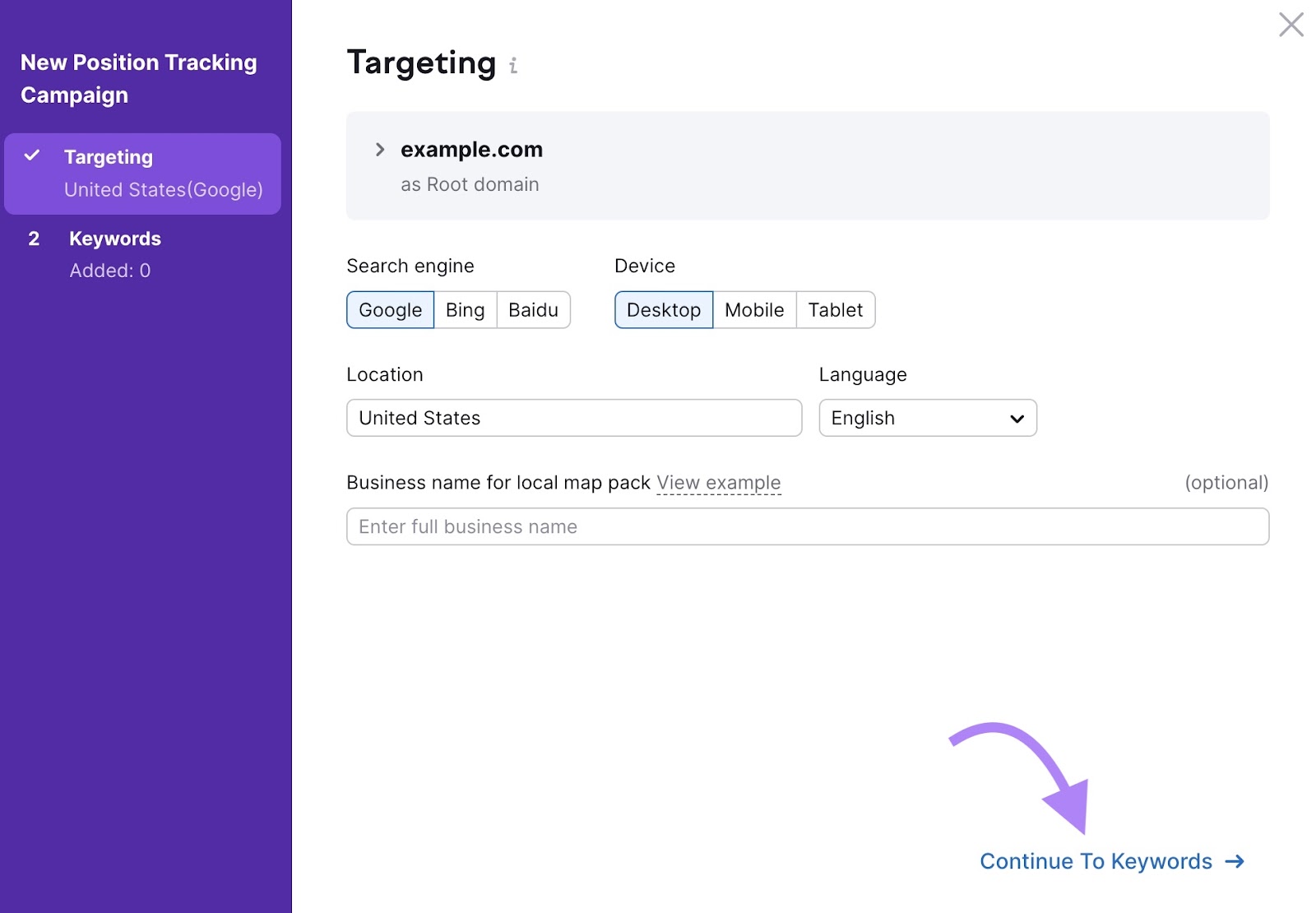 "Targeting" settings connected  the Position Tracking instrumentality   to prime   the hunt  engine, device, location, and connection   for the campaign