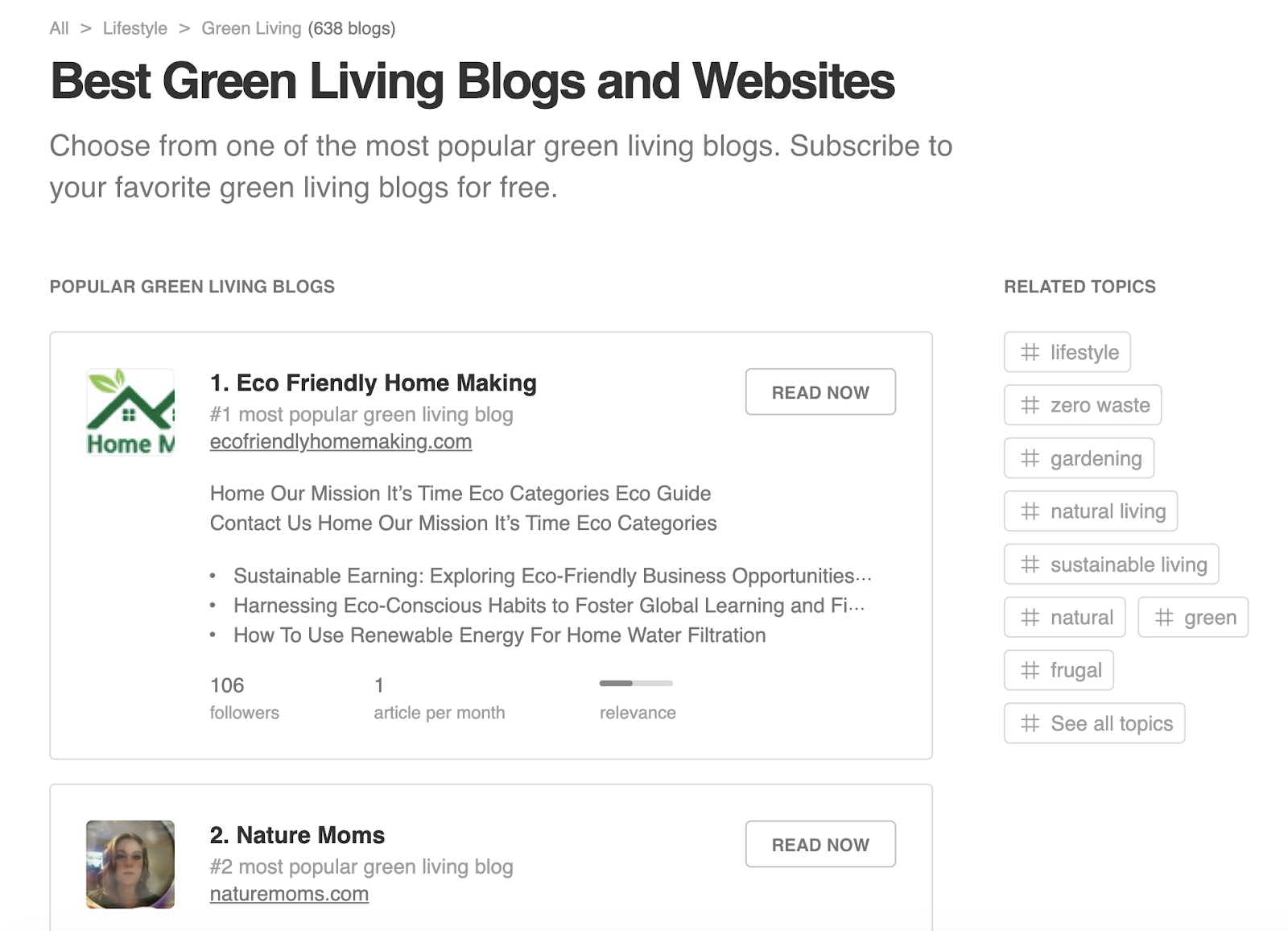 Feedly's site showing best green living blogs and websites