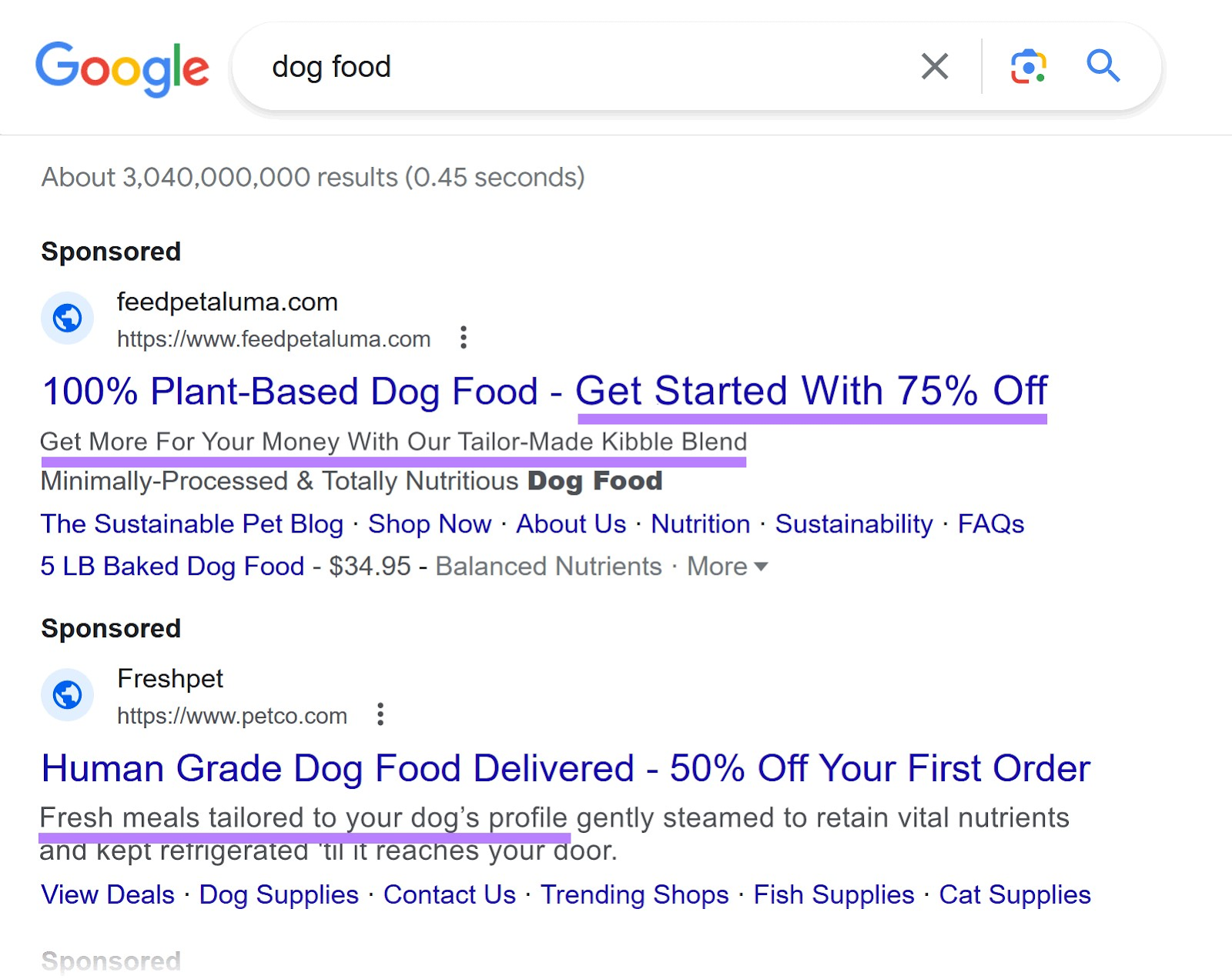 Google SERP showing two ads for “dog food” search