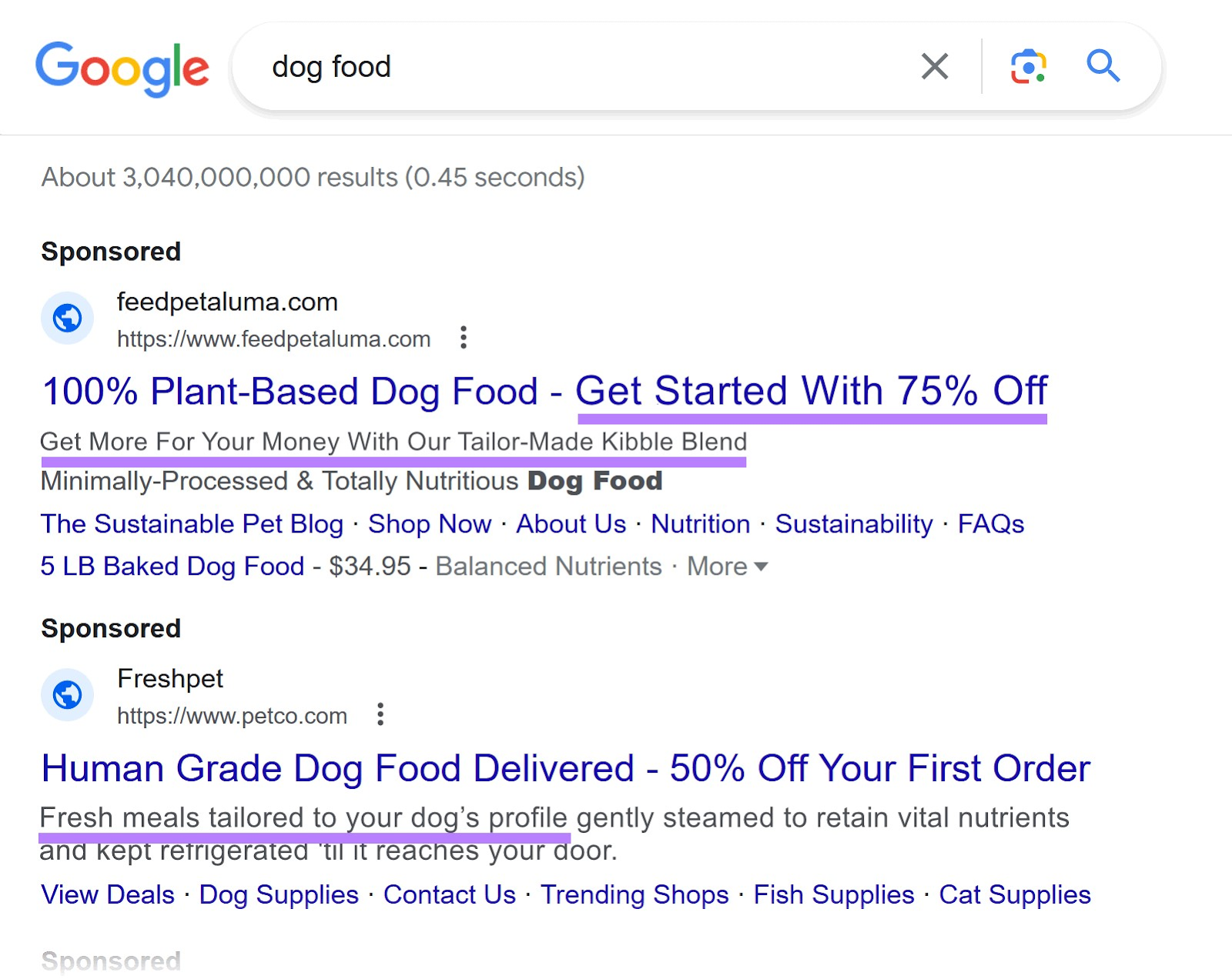 Google SERP showing two ads for “ food” search