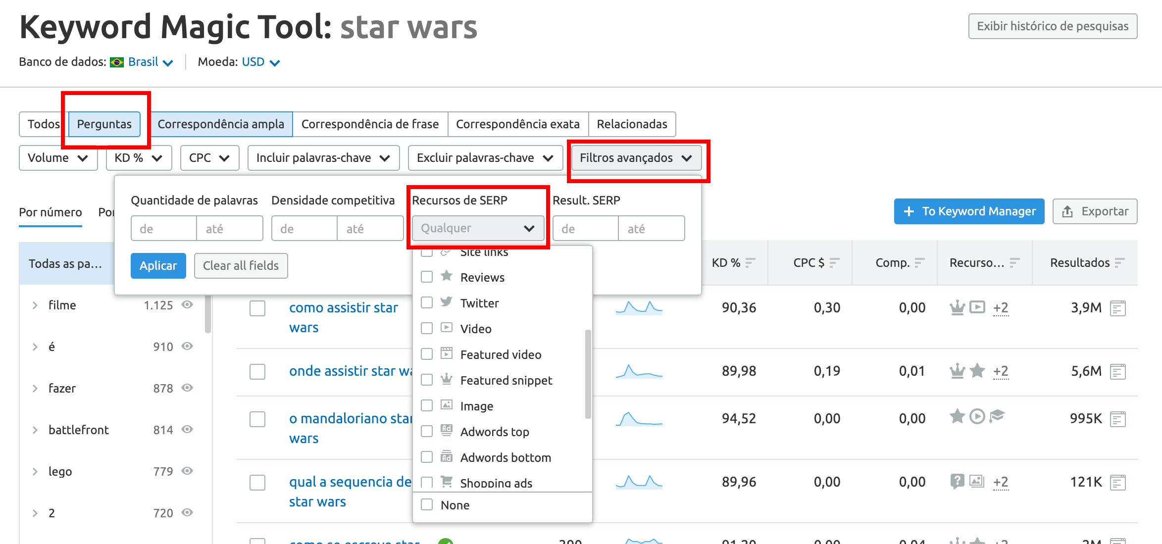 Perguntas e filtros Keyword Magic Tool