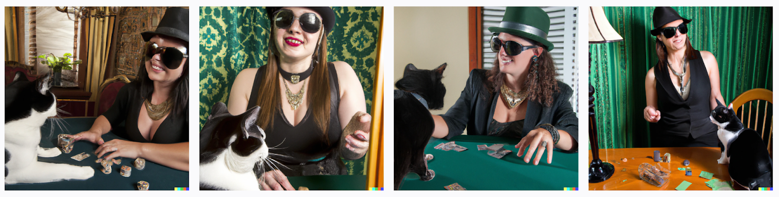 DALL-E 2 results for “A female gangster in a fedora hat talking to a cat wearing sunglasses around a poker table” prompt